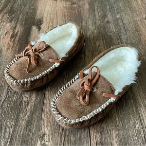 Lam Brown Suede Slippers Size 12 Toddler Faux Fur Lining Moccasins House Shoes